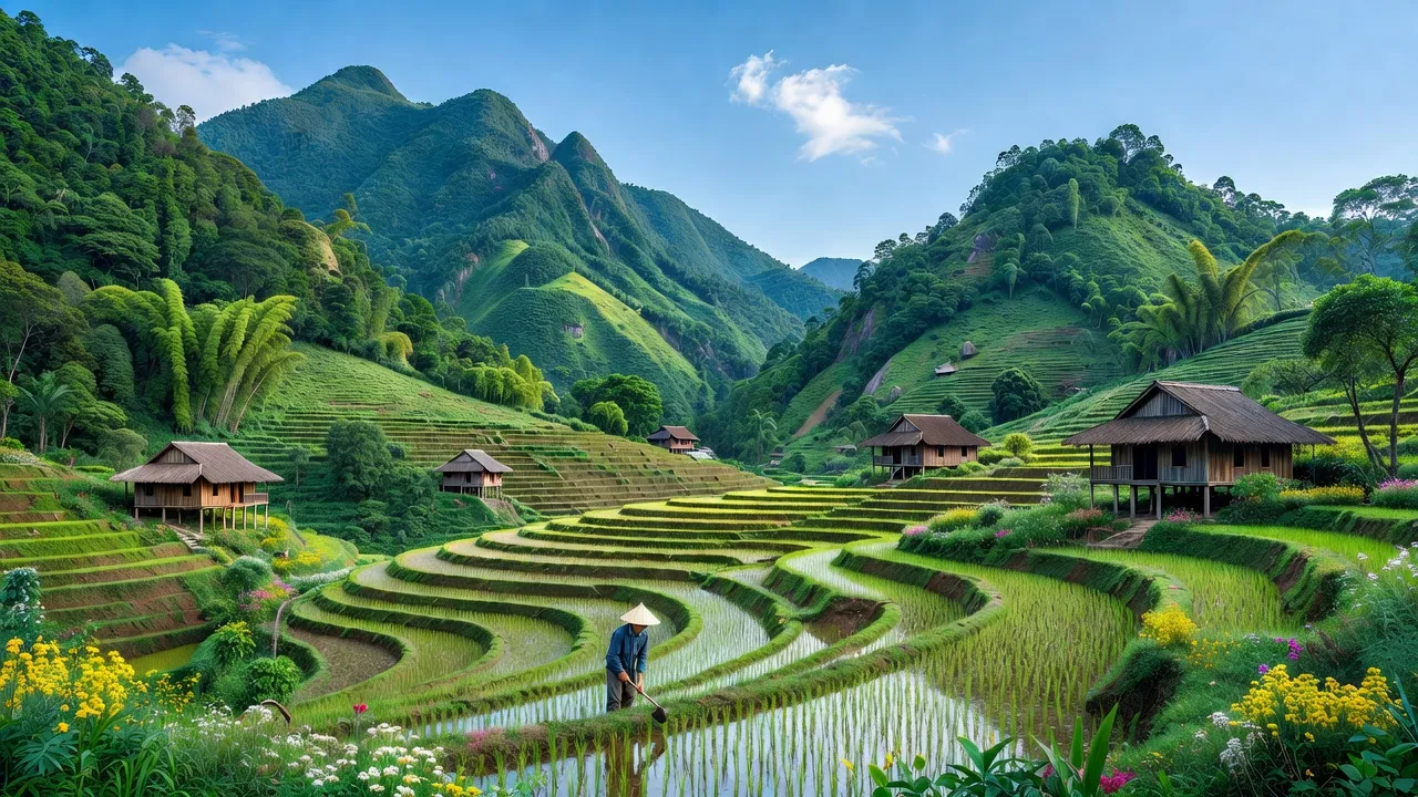 Cảnh đẹp Xã Thu Cúc, Huyện Tân Sơn, tỉnh Phú Thọ với núi xanh và đồng ruộng