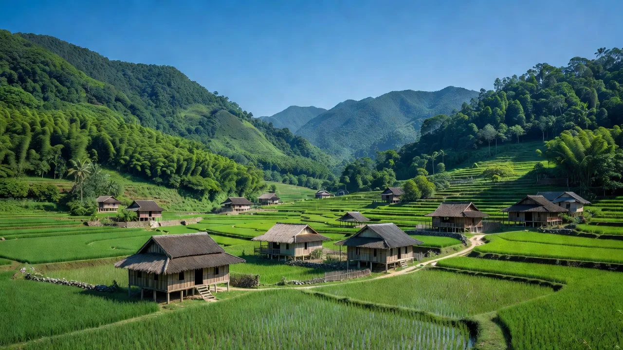 Khung cảnh đẹp của Xã Thu Cúc, Huyện Tân Sơn, Tỉnh Phú Thọ với núi non và nhà truyền thống.