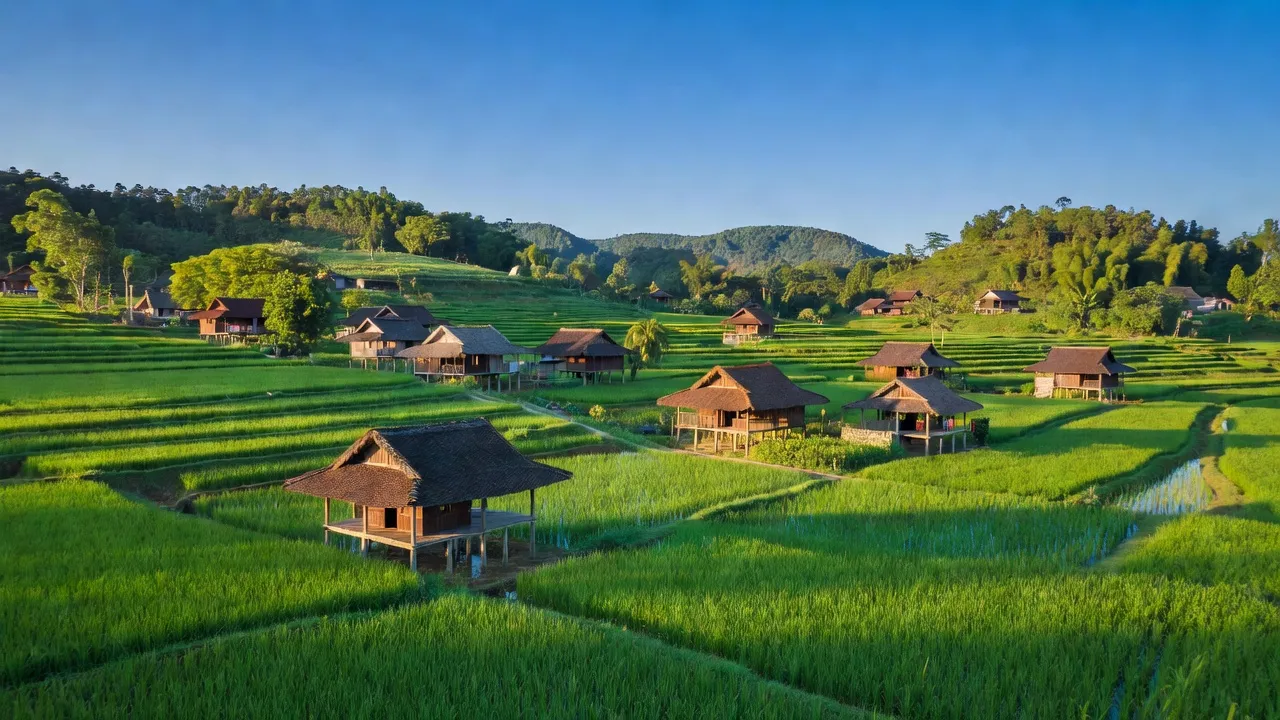 Khung cảnh xã Thu Ngạc, huyện Tân Sơn, tỉnh Phú Thọ với cánh đồng xanh tươi và nhà truyền thống.