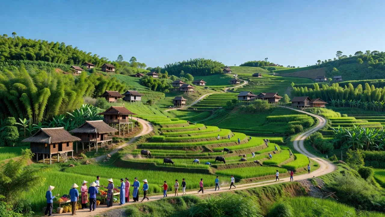 Khung cảnh hữu tình ở xã Văn Luông, huyện Tân Sơn, tỉnh Phú Thọ với đồi núi xanh tươi.