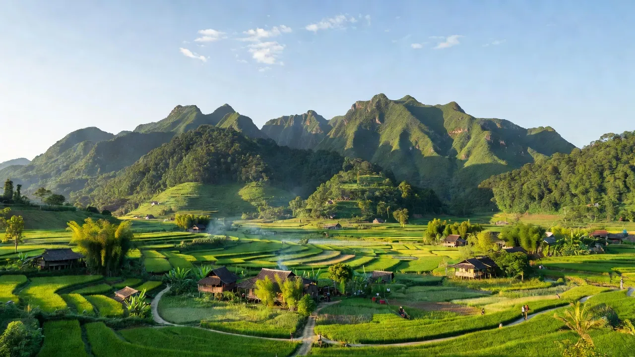 Khung cảnh xã Xuân Đài, huyện Tân Sơn, Phú Thọ với núi non và thung lũng xanh tươi.