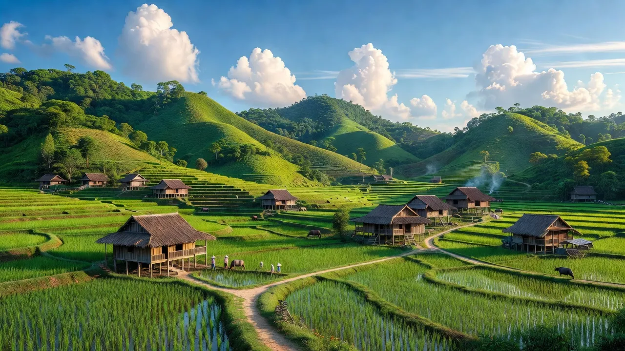 Cảnh sắc huyện Thanh Ba, tỉnh Phú Thọ với đồi núi xanh tươi và làng quê truyền thống.