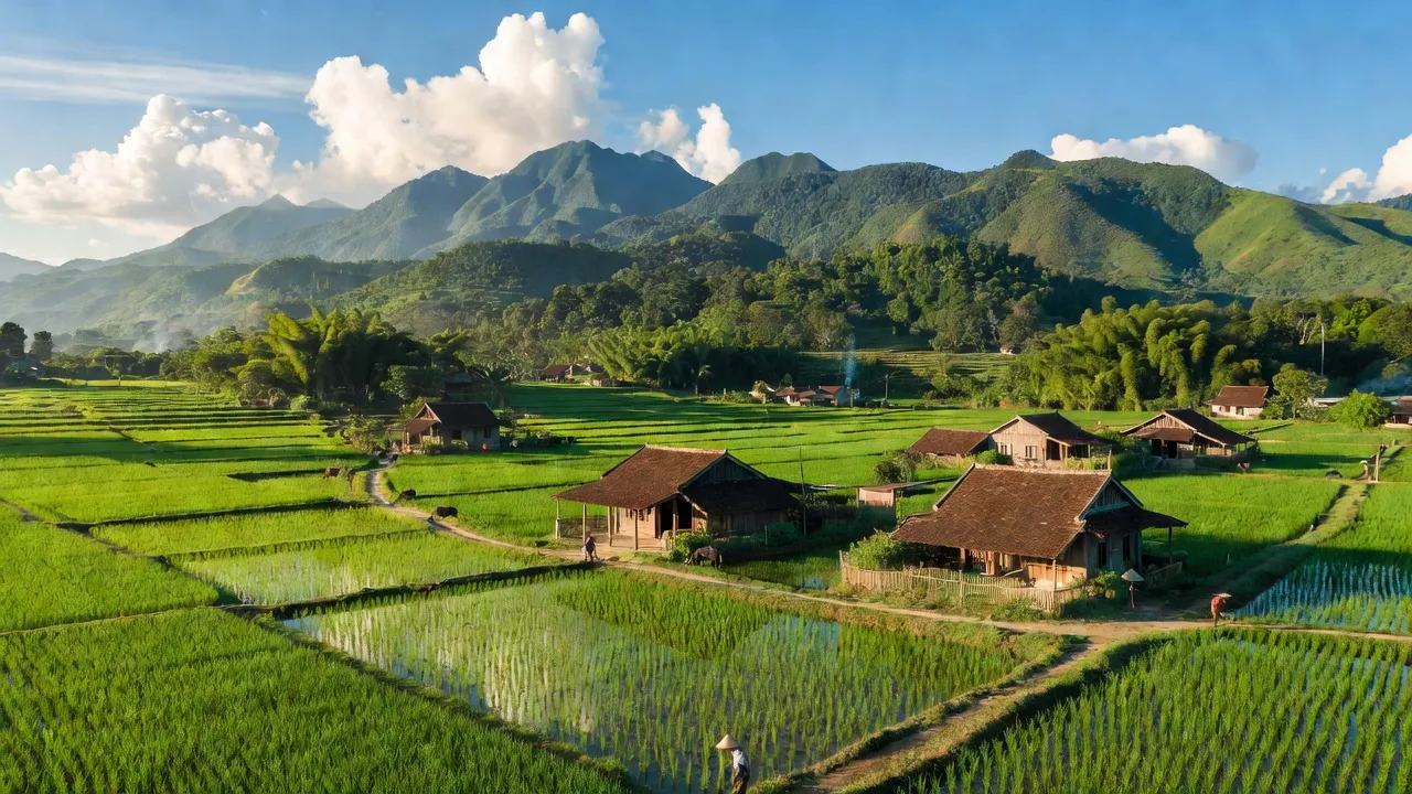 Khung cảnh huyện Thanh Ba, Phú Thọ với núi xanh và cánh đồng lúa, thể hiện nét đẹp địa phương.