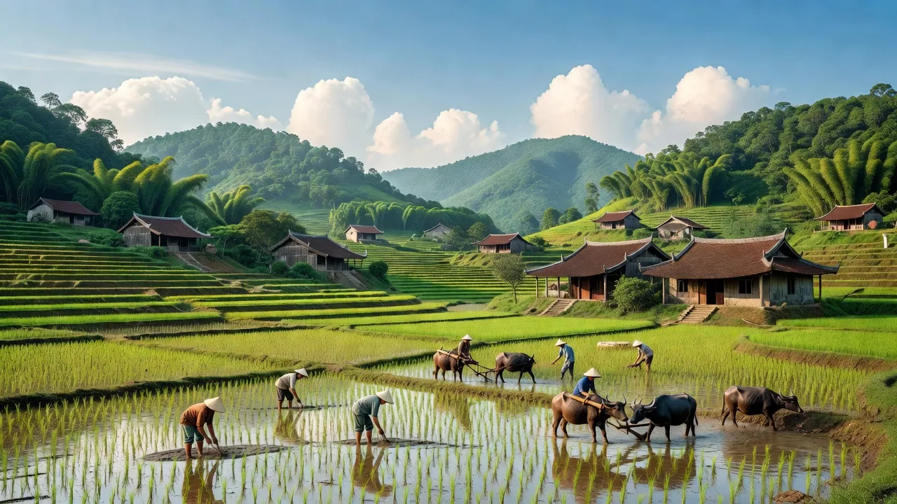Cảnh đẹp xã Chí Tiên, huyện Thanh Ba, tỉnh Phú Thọ với ruộng đồng xanh tươi, nhà truyền thống.