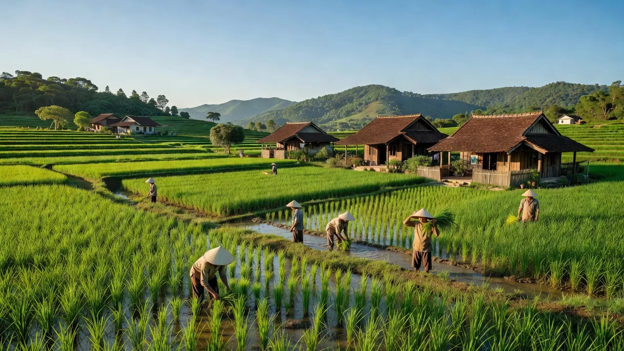 Cảnh làng Chí Tiên, huyện Thanh Ba, Phú Thọ với cánh đồng xanh và nhà truyền thống.