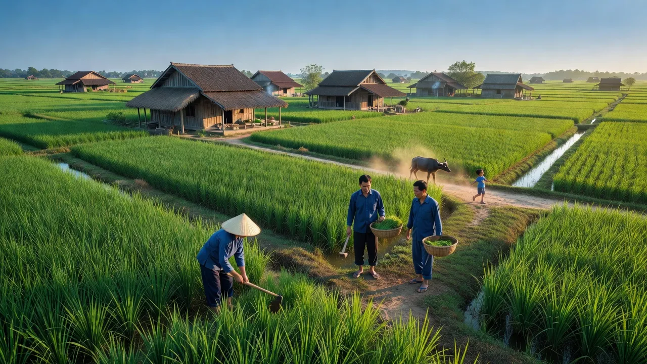 Cảnh đẹp xã Đỗ Sơn, huyện Thanh Ba, tỉnh Phú Thọ với cánh đồng xanh và nhà truyền thống.