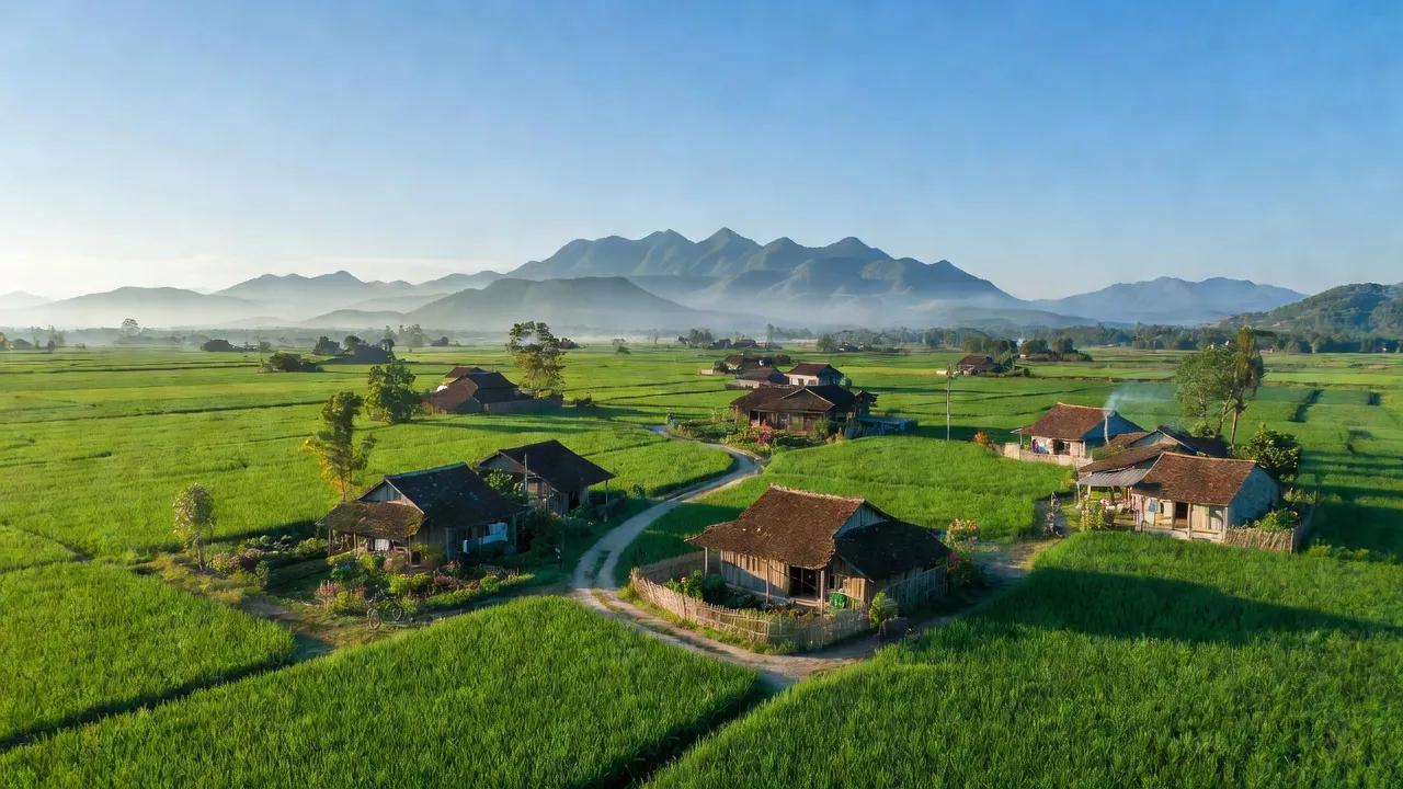 Khung cảnh Xã Đỗ Sơn, Huyện Thanh Ba, Phú Thọ với đồng xanh và núi non, thể hiện cuộc sống nông thôn.