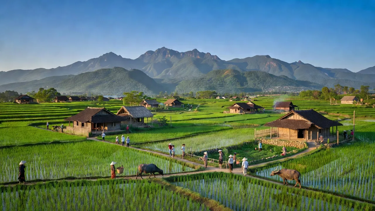 Cảnh đẹp xã Đỗ Xuyên, huyện Thanh Ba, tỉnh Phú Thọ với cánh đồng xanh và núi non hùng vĩ.