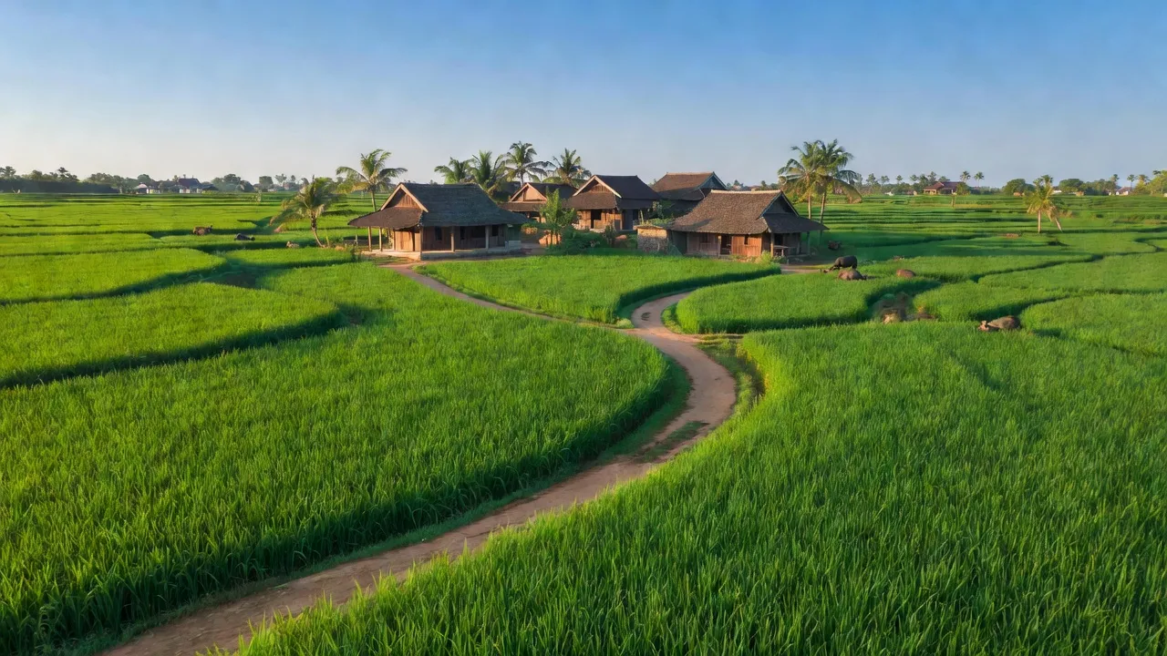 Cảnh đẹp xã Đông Lĩnh, huyện Thanh Ba, tỉnh Phú Thọ với ruộng xanh, nhà truyền thống, và bầu trời xanh.