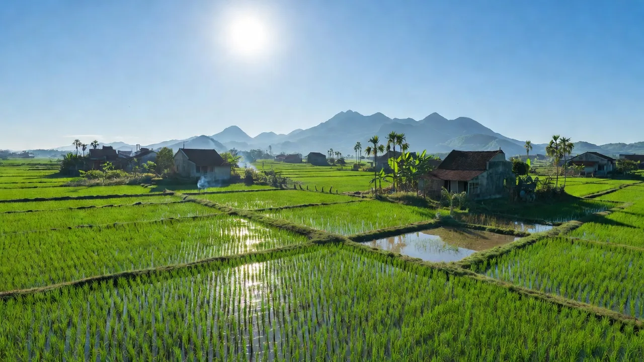 Cảnh đẹp xã Đồng Xuân, huyện Thanh Ba, tỉnh Phú Thọ, với đồng ruộng xanh và núi đồi phía xa.