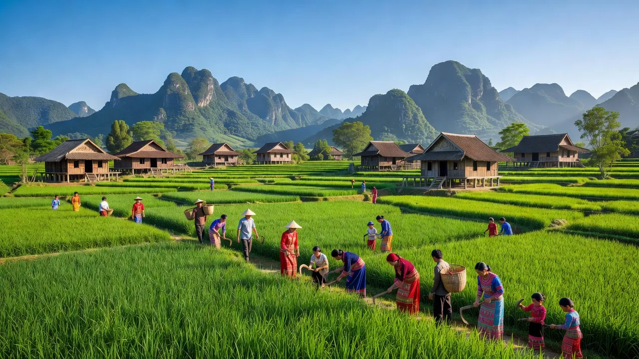 Khung cảnh xã Đồng Xuân, huyện Thanh Ba, tỉnh Phú Thọ, với đồng xanh và cộng đồng đa dạng.