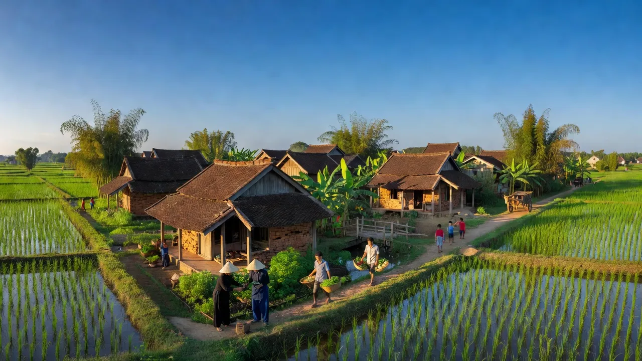 Cảnh đẹp xã Hoàng Cương, huyện Thanh Ba, tỉnh Phú Thọ với nhà truyền thống và cánh đồng xanh.