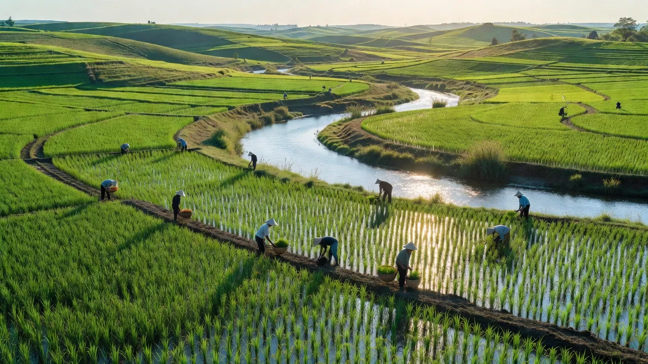 Cảnh nông thôn xã Khải Xuân, huyện Thanh Ba, Phú Thọ với cánh đồng xanh và dòng sông.
