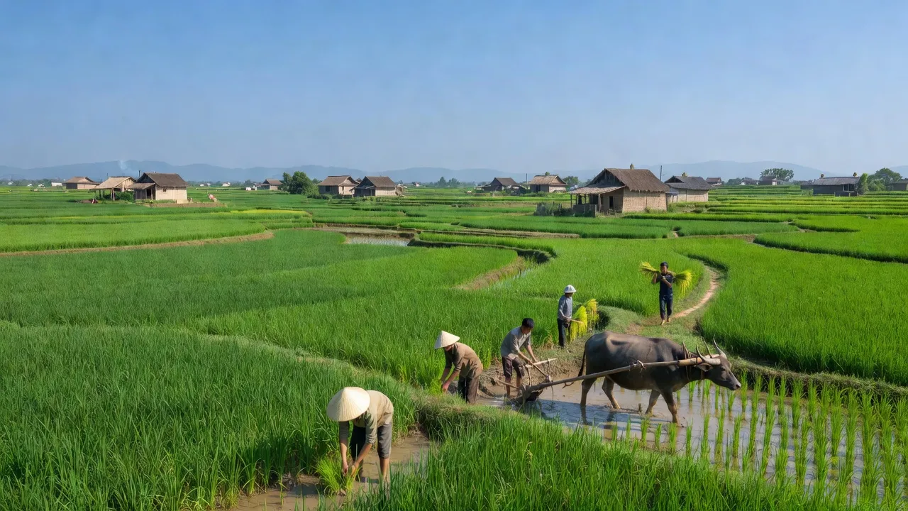 Khải Xuân commune's green rice fields and local homes in Thanh Ba, Phú Thọ Province.