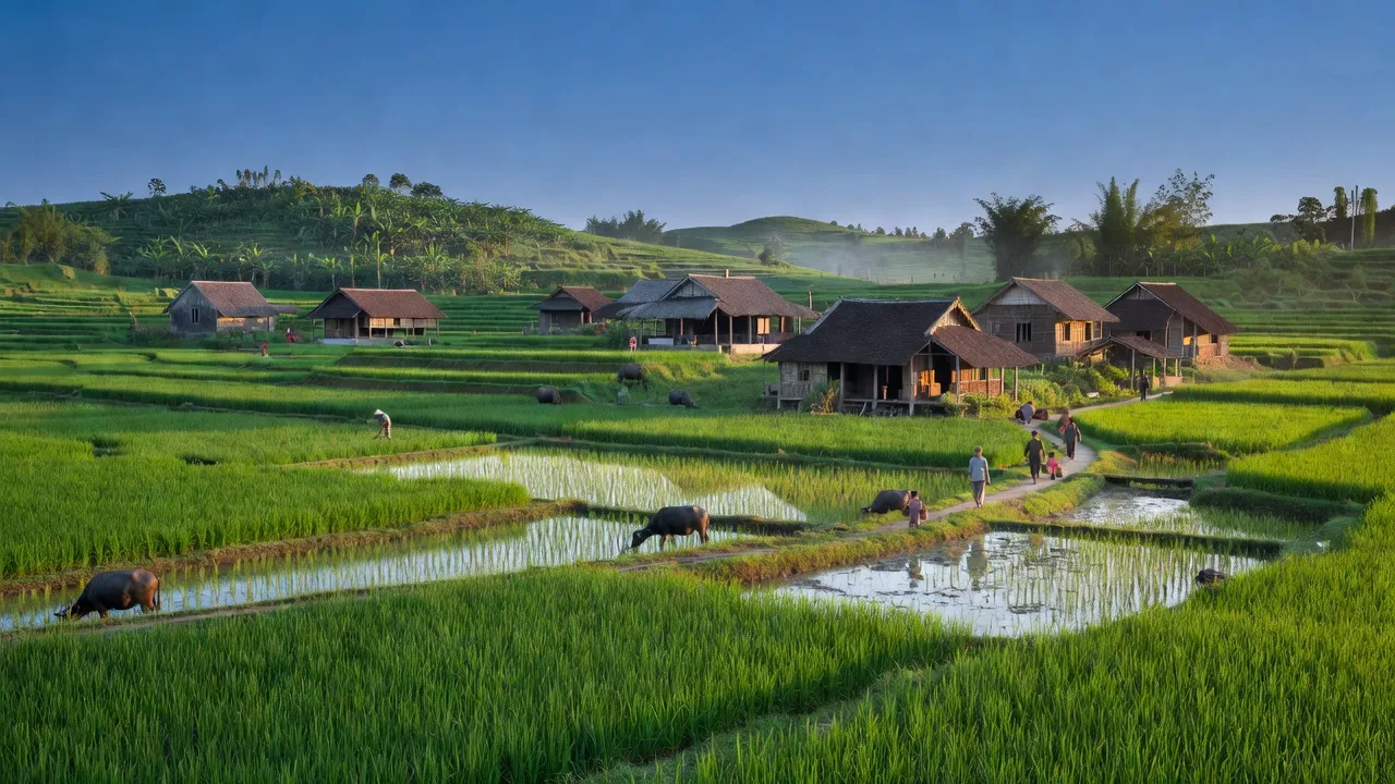 Cảnh quan Xã Lương Lỗ, huyện Thanh Ba, tỉnh Phú Thọ với cánh đồng xanh tươi và nhà truyền thống.