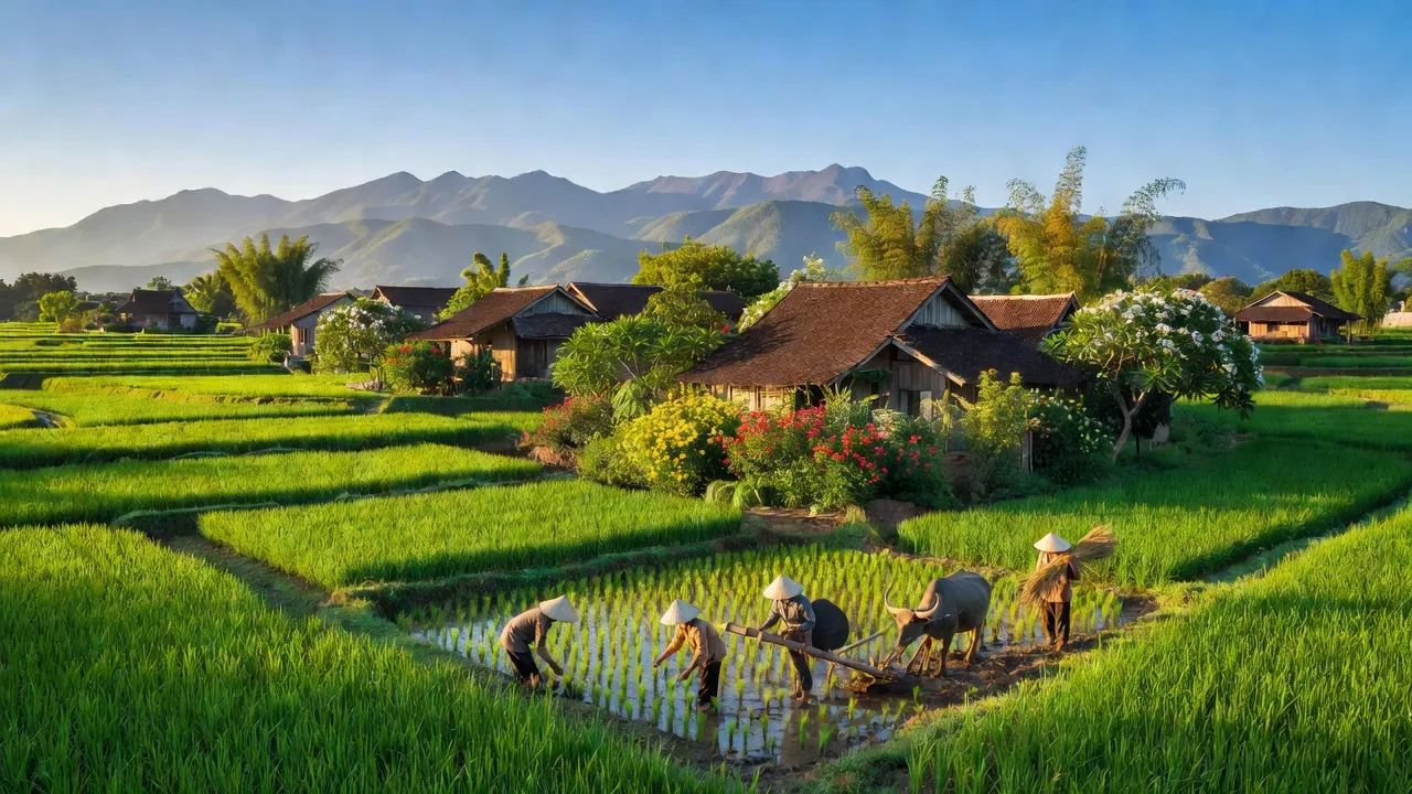 Khung cảnh thôn Lương Lỗ, huyện Thanh Ba, Phú Thọ với cánh đồng lúa xanh mướt và nhà truyền thống.