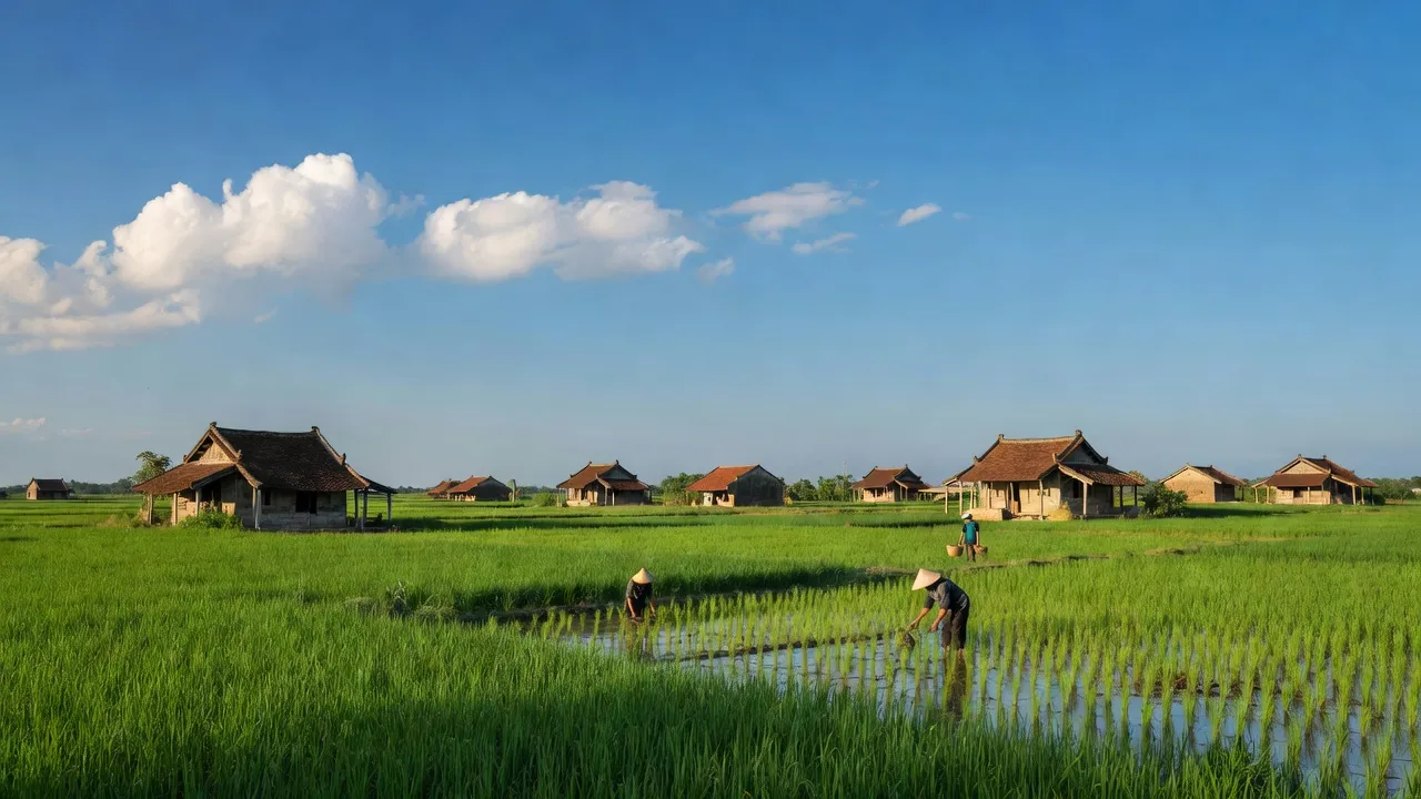 Khung cảnh nông thôn Mạn Lạn, Thanh Ba, Phú Thọ với cánh đồng xanh và nhà cổ truyền thống.