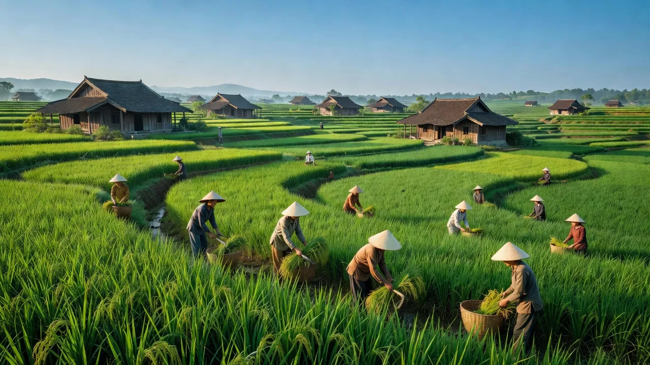 Cảnh sắc xã Ninh Dân với cánh đồng xanh tươi và góc làng truyền thống ở Phú Thọ.