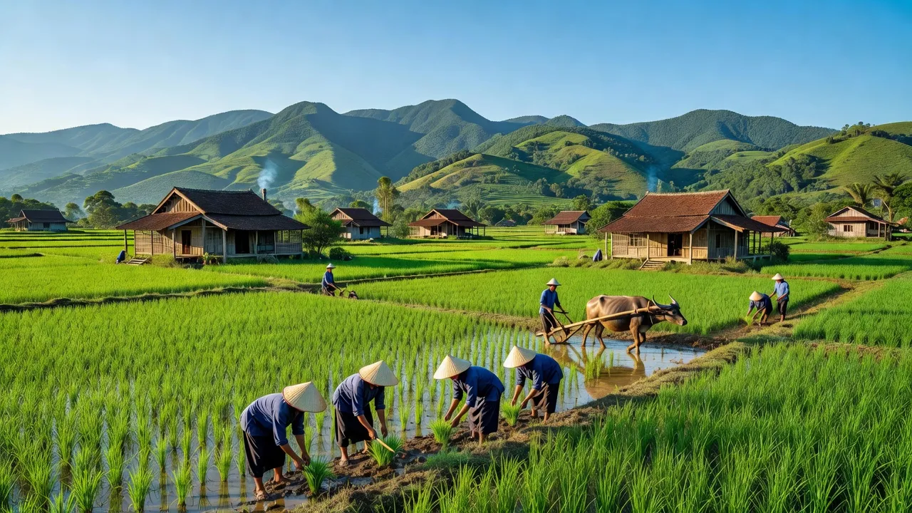 Cảnh đẹp xã Quảng Yên, huyện Thanh Ba, tỉnh Phú Thọ với đồng xanh và nhà truyền thống.