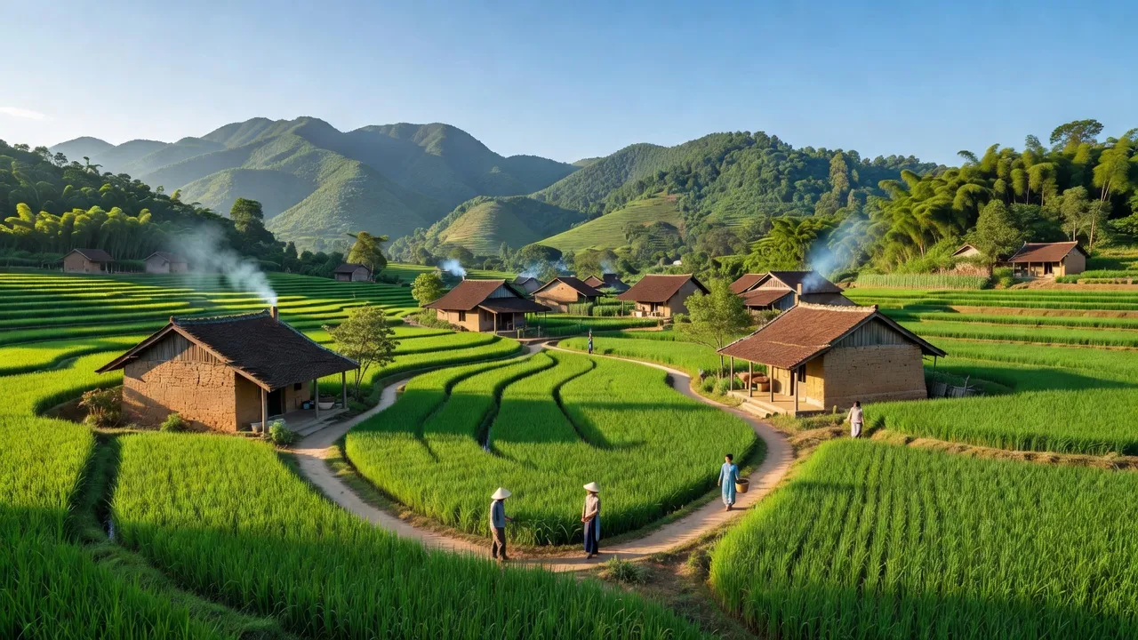 Cảnh đẹp xã Sơn Cương, huyện Thanh Ba, Phú Thọ với ruộng bậc thang và nhà truyền thống.