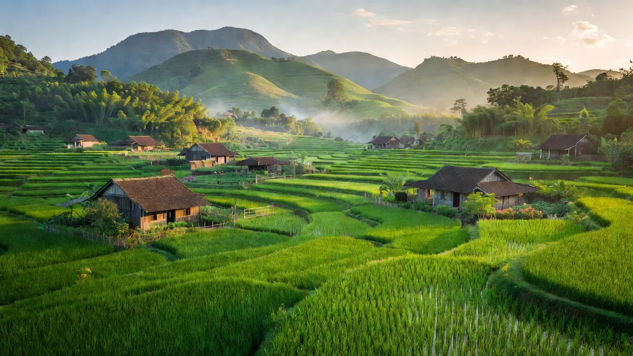 Khung cảnh nông thôn Sơn Cương, Thanh Ba, Phú Thọ với cánh đồng và núi xanh, Việt Nam.