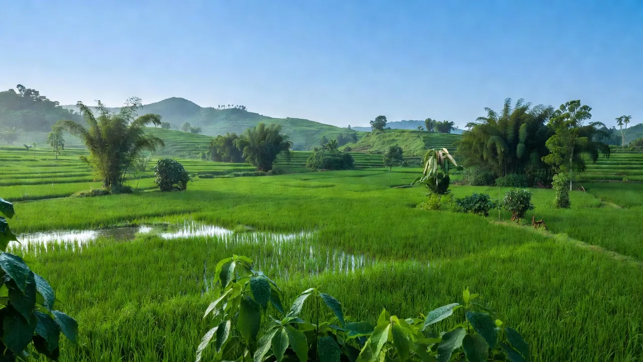 Cảnh đẹp xã Thanh Hà, huyện Thanh Ba, tỉnh Phú Thọ với cánh đồng xanh và bầu trời trong.