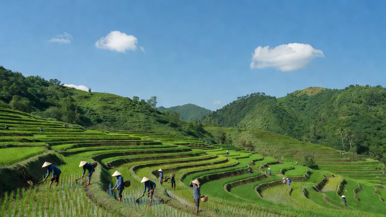 Cảnh quan Xã Vân Lĩnh tại huyện Thanh Ba, tỉnh Phú Thọ với đồi núi xanh mướt và ruộng bậc thang.