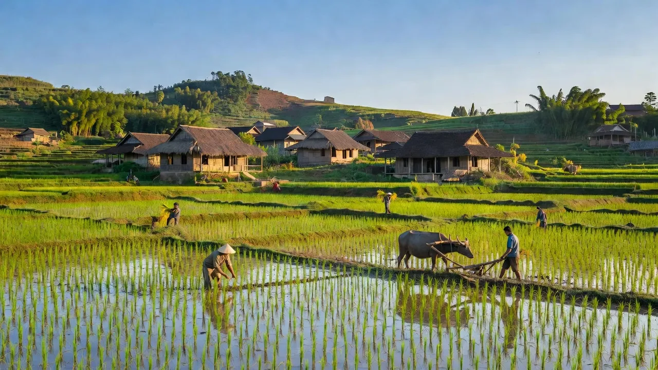 Cảnh đẹp xã Võ Lao, huyện Thanh Ba, tỉnh Phú Thọ với cánh đồng lúa xanh tươi.
