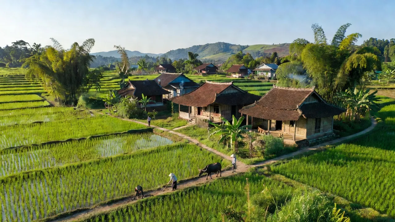 Cảnh đẹp xã Võ Lao, huyện Thanh Ba, tỉnh Phú Thọ với cánh đồng xanh và nhà truyền thống.