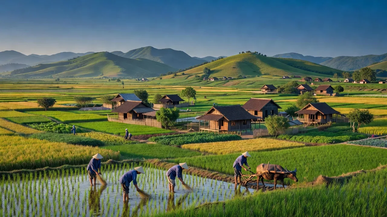 Khung cảnh huyện Thanh Sơn, Phú Thọ với đồi xanh, nhà truyền thống và người dân làm nông.