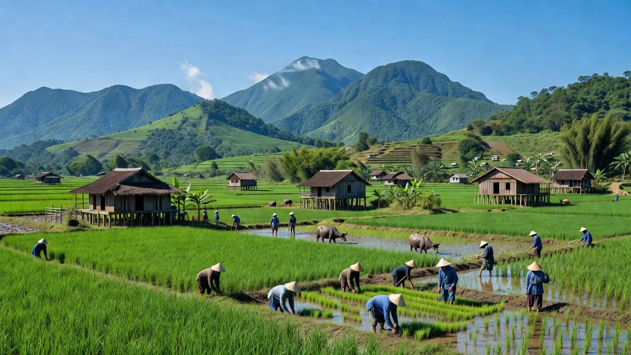 Khung cảnh huyện Thanh Sơn, Phú Thọ với ruộng xanh, nhà sàn và người dân lao động.