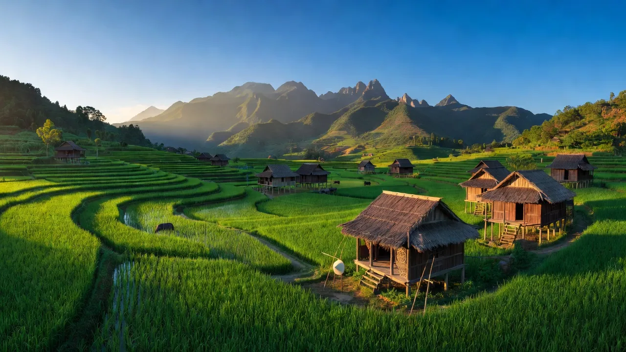 Cảnh đẹp nông thôn xã Cự Đồng huyện Thanh Sơn, tỉnh Phú Thọ, với núi non và cánh đồng xanh.