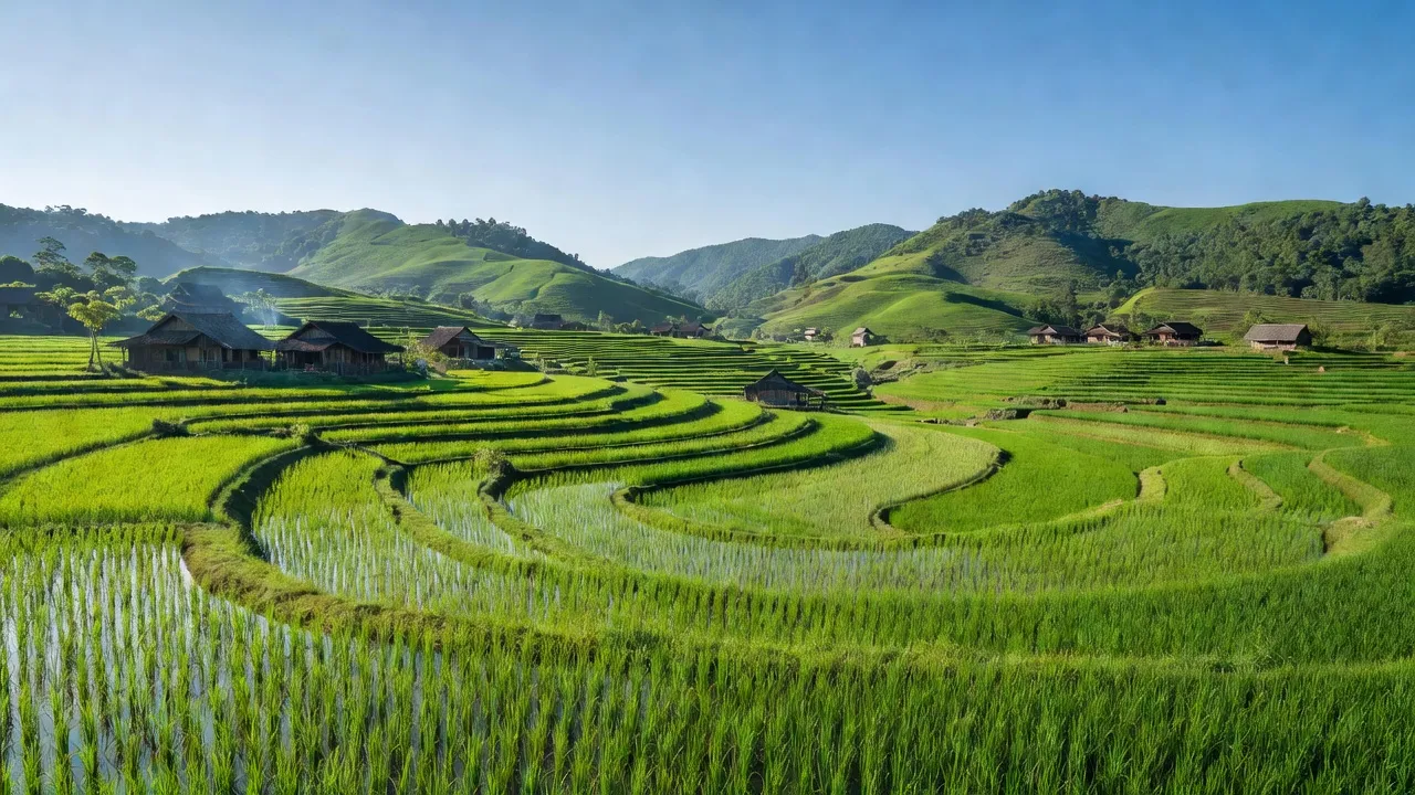 Cảnh đẹp Xã Cự Đồng huyện Thanh Sơn, Phú Thọ với ruộng bậc thang và nhà truyền thống.