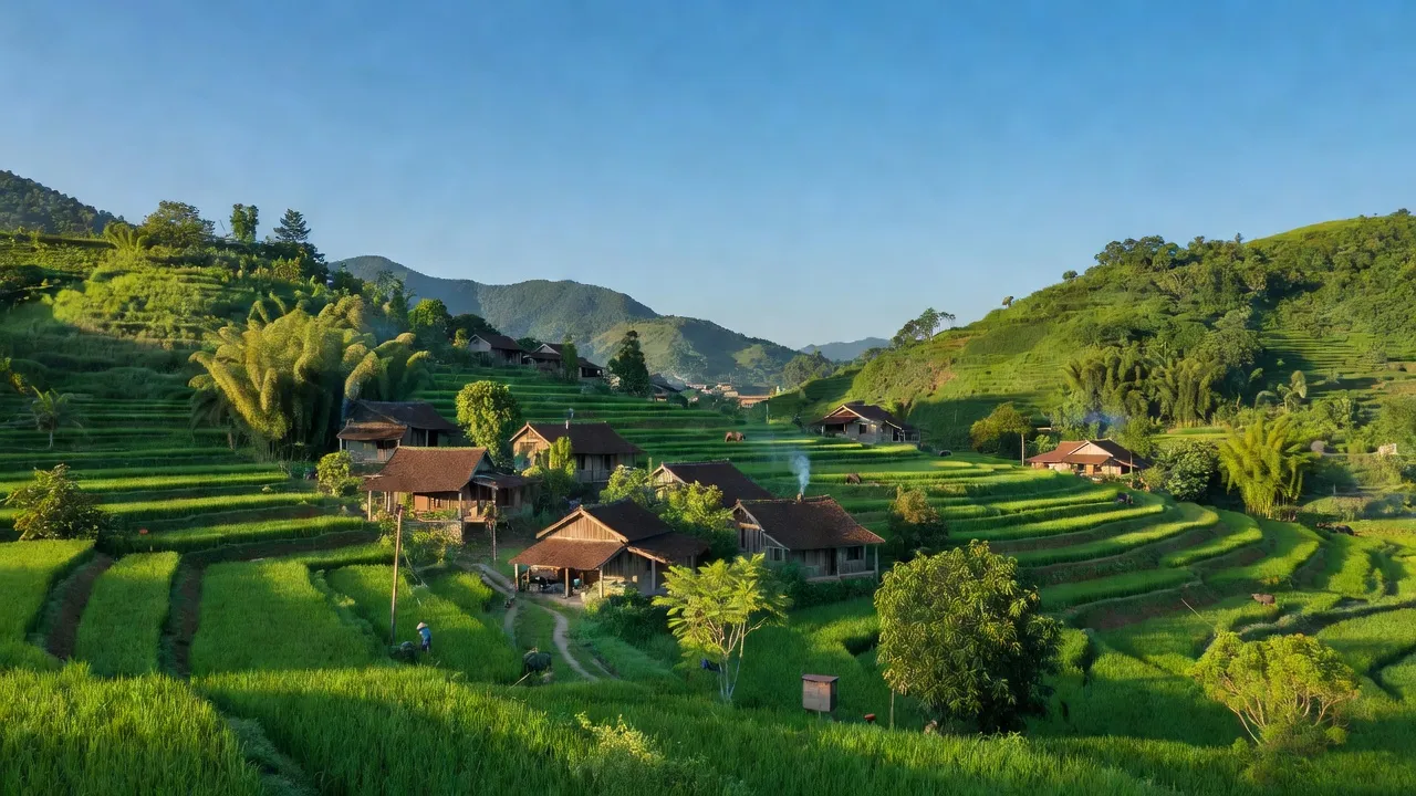 Cảnh quan xã Cự Thắng, huyện Thanh Sơn, tỉnh Phú Thọ với núi non và nhà truyền thống.
