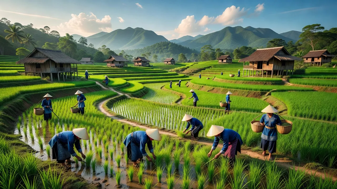Khung cảnh xã Địch Quả, huyện Thanh Sơn, Phú Thọ với ruộng xanh và núi non hùng vĩ.