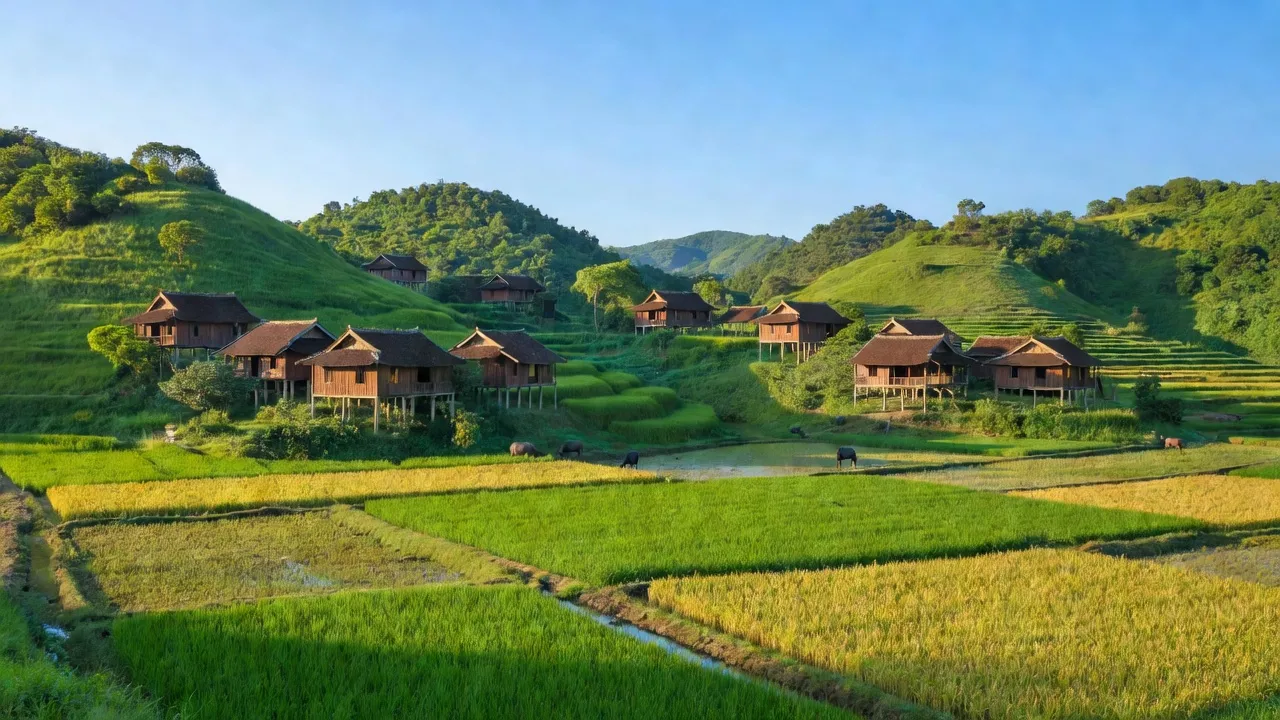 Cảnh đẹp xã Đông Cửu, huyện Thanh Sơn, Phú Thọ với đồi núi và nhà truyền thống.