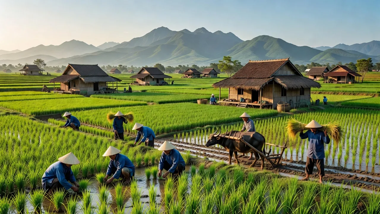 Quang cảnh xã Giáp Lai, huyện Thanh Sơn, Phú Thọ với cánh đồng xanh, nhà truyền thống và người dân làm nông.