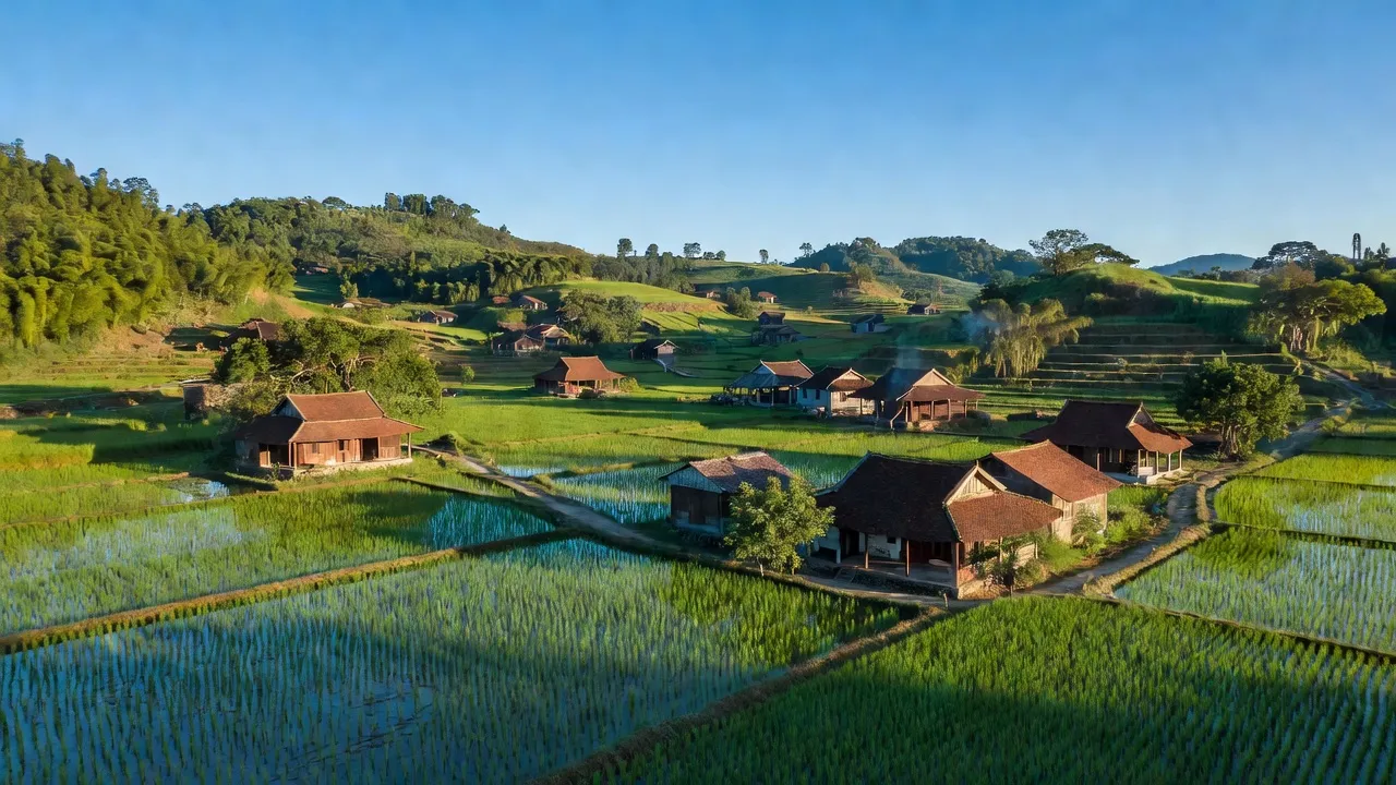 Khung cảnh Hương Cần, huyện Thanh Sơn, Phú Thọ với cánh đồng và nhà truyền thống.