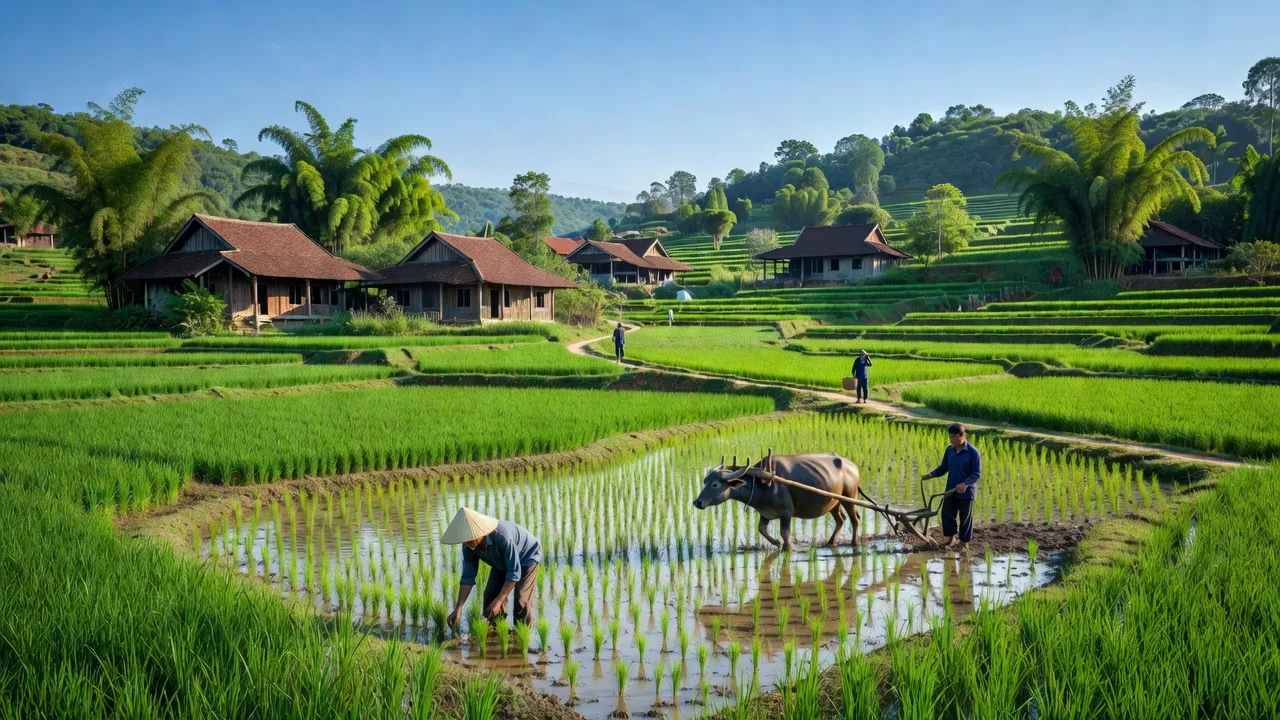 Cảnh đẹp xã Lương Nha, huyện Thanh Sơn, Phú Thọ với cánh đồng xanh và nhà truyền thống.