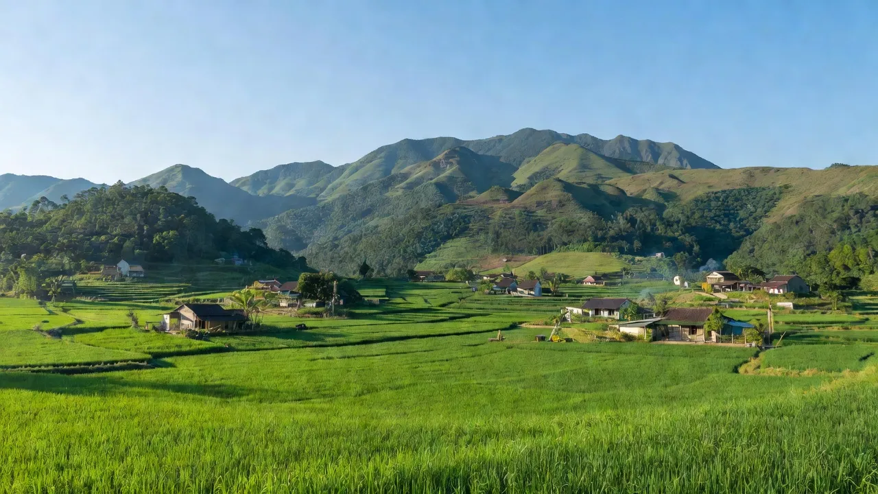 Cảnh quan xã Lương Nha, huyện Thanh Sơn, Phú Thọ với đồng xanh, núi đồi và nhà ở nông thôn.