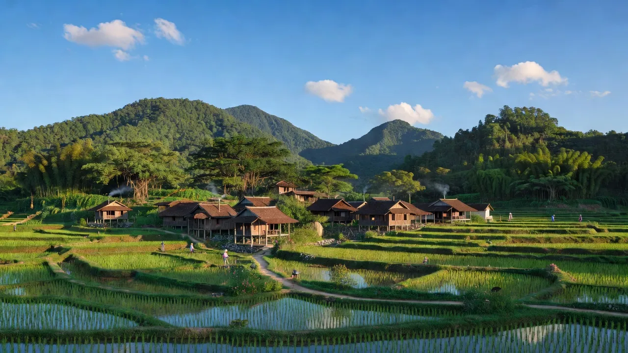 Cảnh sắc làng Sơn Hùng, huyện Thanh Sơn, tỉnh Phú Thọ với núi xanh và nhà truyền thống.