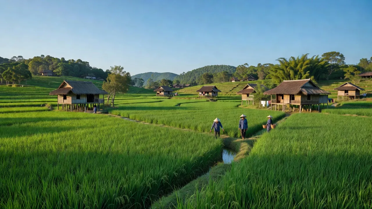 Cảnh đẹp xã Tân Lập, huyện Thanh Sơn, Phú Thọ với cánh đồng xanh tươi và nhà truyền thống.