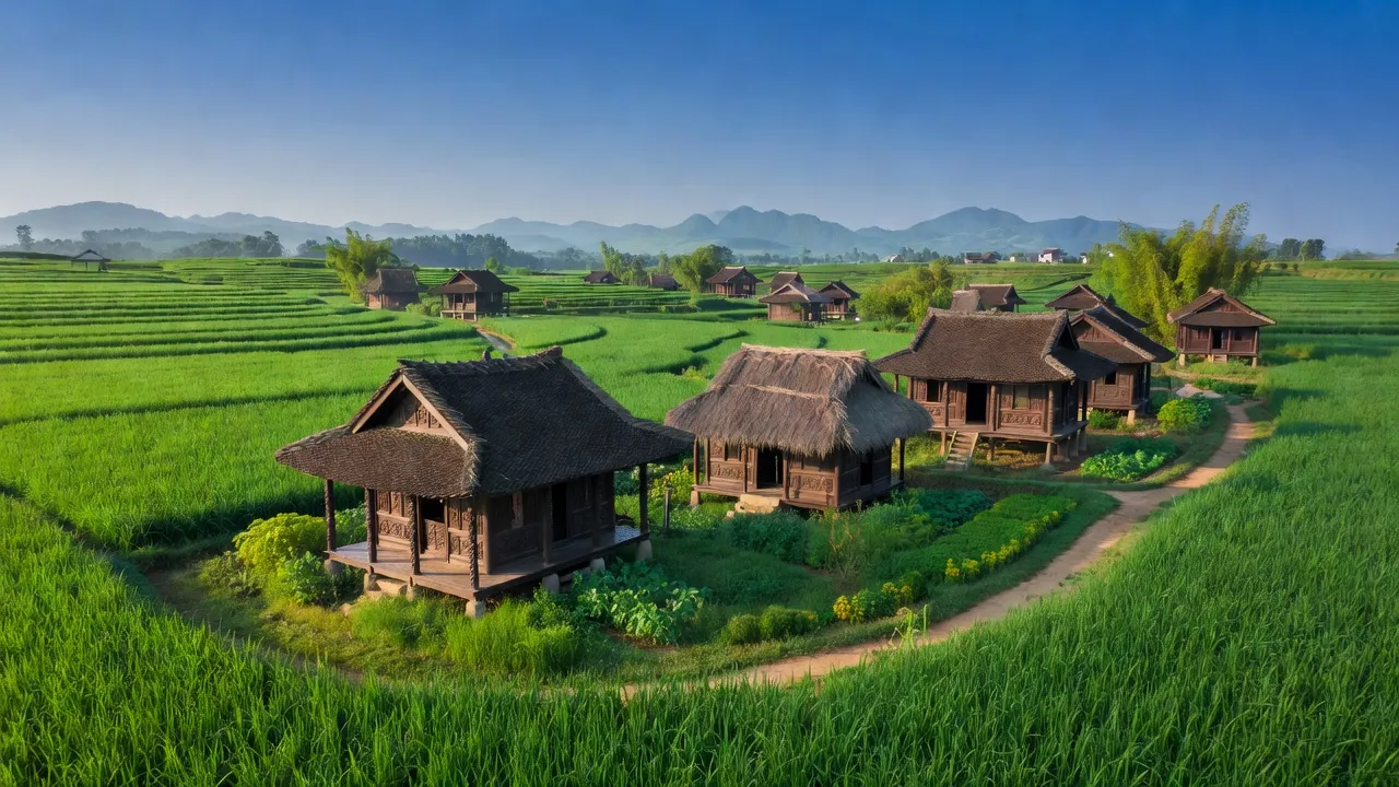 Khung cảnh nông thôn xã Tân Lập, huyện Thanh Sơn, tỉnh Phú Thọ với cánh đồng và nhà truyền thống.