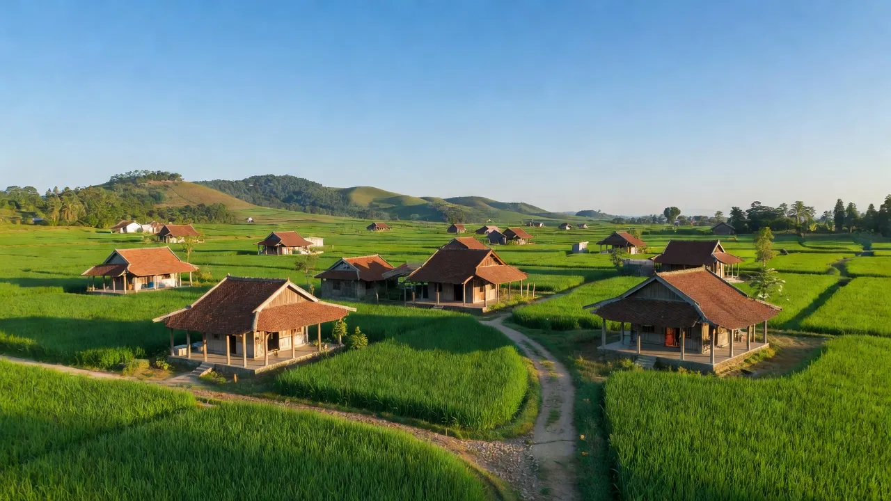 Cảnh đẹp Xã Tân Minh, huyện Thanh Sơn, tỉnh Phú Thọ với cánh đồng xanh và nhà truyền thống.