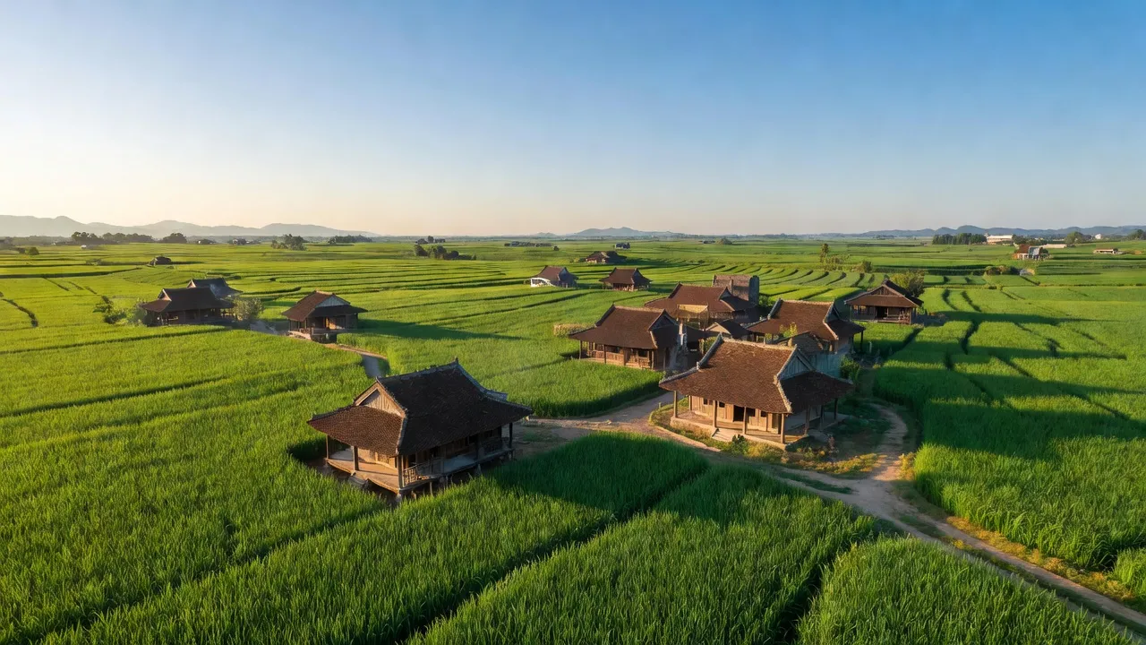 Cảnh quan xã Tất Thắng, huyện Thanh Sơn, Phú Thọ với cánh đồng xanh và nhà truyền thống.