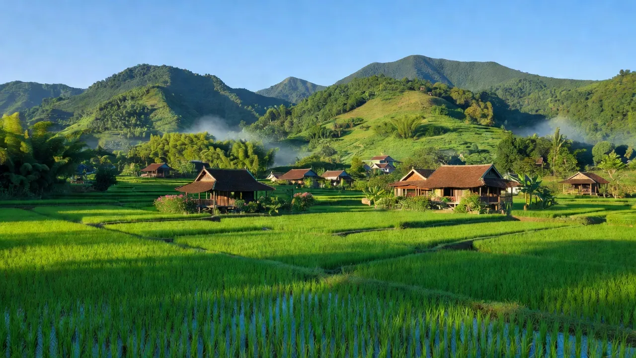 Khung cảnh xã Thạch Khoán, huyện Thanh Sơn, Phú Thọ với núi xanh, cánh đồng lúa và nhà truyền thống.