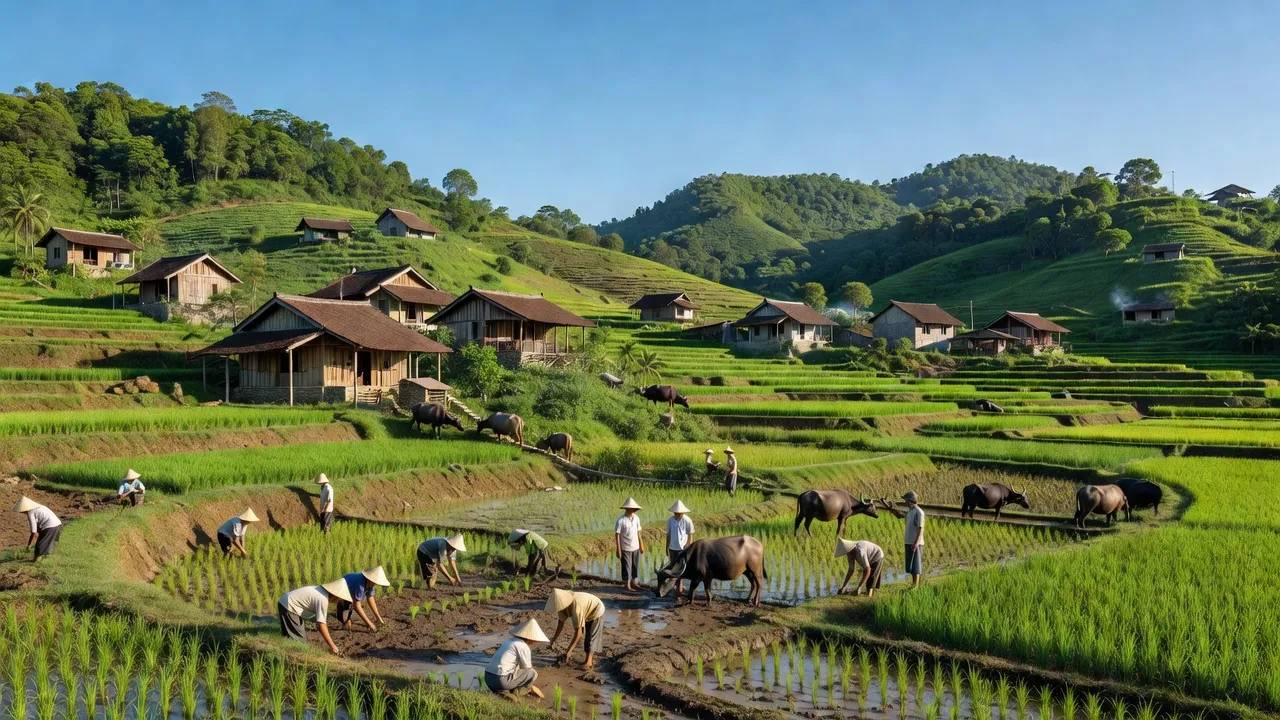 Xã Thạch Khoán, huyện Thanh Sơn, Phú Thọ với cảnh đẹp đồi núi xanh, nhà truyền thống và hoạt động nông nghiệp.