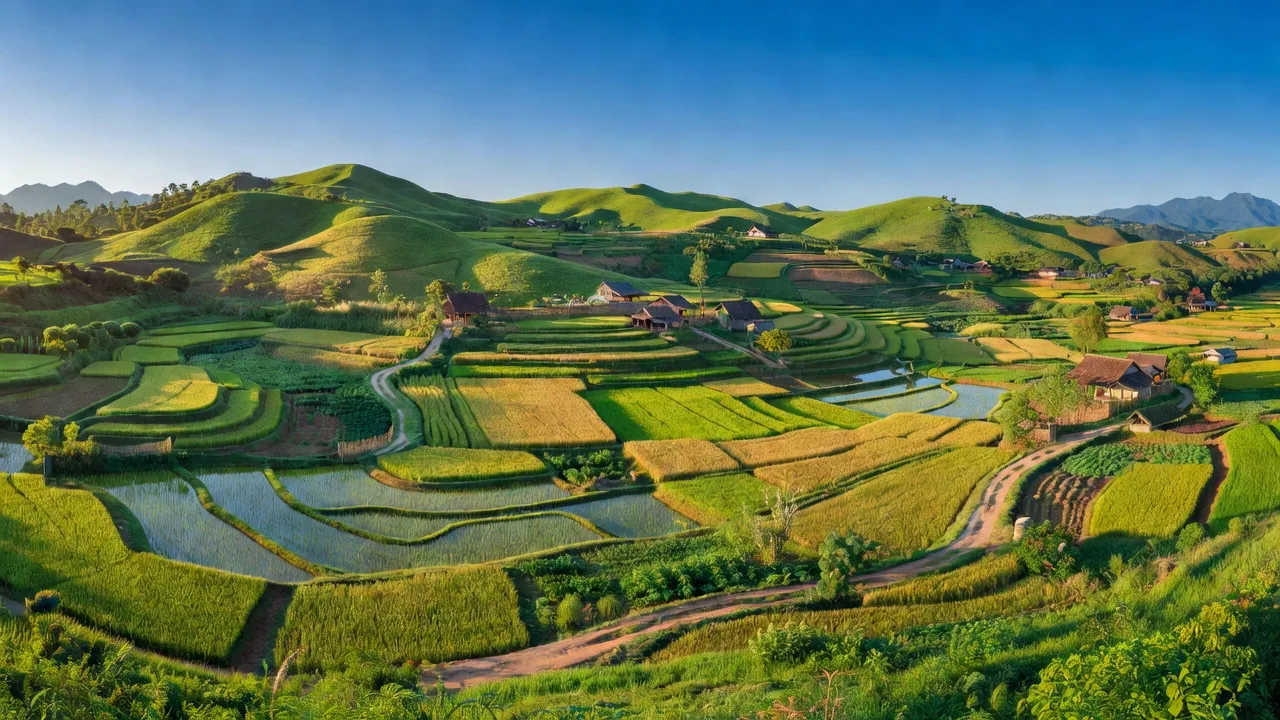 Phong cảnh xã Thục Luyện, huyện Thanh Sơn, tỉnh Phú Thọ, với đồi núi và đồng bằng xanh tươi.