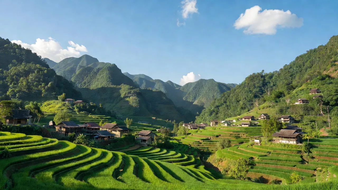 Khung cảnh làng Thượng Cửu huyện Thanh Sơn Phú Thọ với núi xanh và ruộng bậc thang.