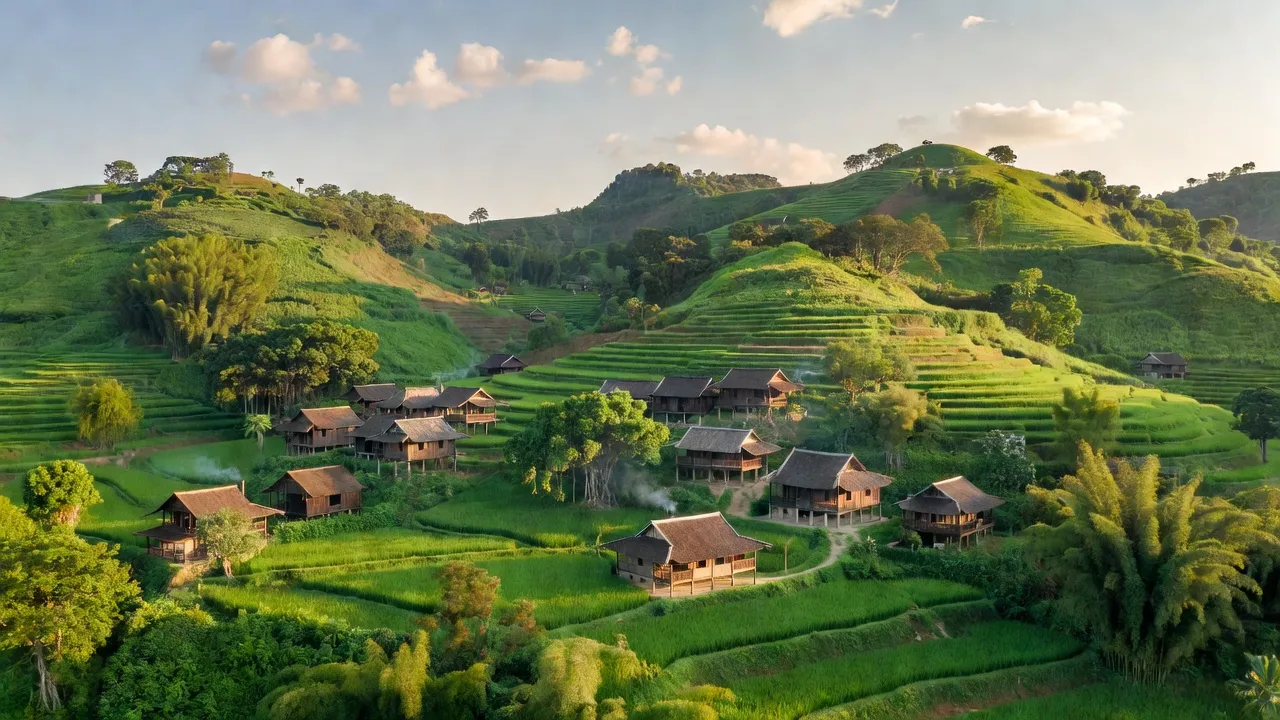 Cảnh đẹp xã Tinh Nhuệ, huyện Thanh Sơn, tỉnh Phú Thọ với đồi núi xanh tươi và nhà truyền thống.